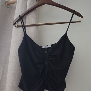 gaze Black Ruched Button-Front Spaghetti Strap Camisole